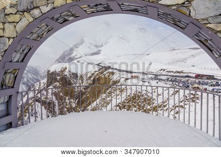 Monument Of Friendship Of Peoples In Georgia, Cross Pass. An Incredibly Beautiful Place For Spiritua