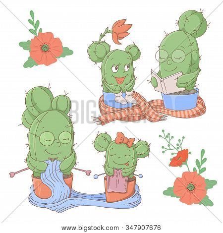 Cute Cartoon Set Of Catus Mom And Daughter. Vector Illustration
