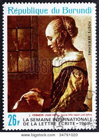 Estampilla Burundi 1968 joven mujer lectura carta por Jan Ver