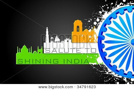 illustrazione del famoso monumento dell'India nel tricolore con Ashok ruota