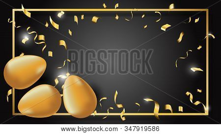Easter Gold Eggs With Confetti Golden Color And Black Background.  Religious Holiday. Layout For Ban