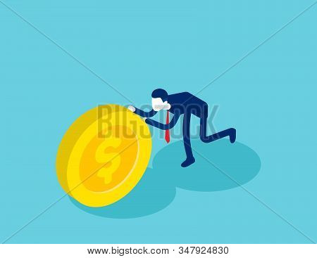 Isometric Businessman Push Coin. Concept Business Financial Isometric Vector Illustration, Shove, Is