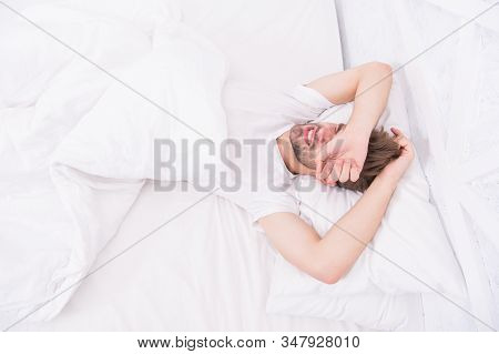 Man Sleeping White Bedroom. Cosy Weekend At Home. Time To Relax. Guy Had Sleepless Night. Male Healt