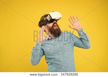 Impressive Visual Effects. Bearded Man Explore Vr. Gamer Concept. Gaming Hobby. Cyber Sport. Augment