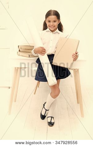 Happy About Own Project. Girl Hold Folder And Whatman Paper. Kid School Uniform Happy Face Ready Wit