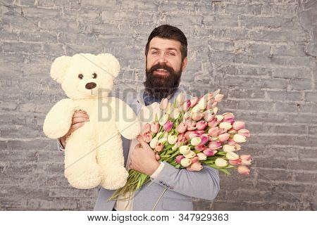 Great Pleasure. Womens Day. Love Date. International Holiday. Spring Flower. Bearded Man Hipster Wit