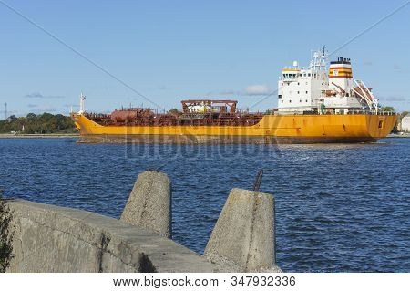 Orange Container Ship, Cargo Ship On The Roadstead, Baltiysk, Kaliningrad Region, Russia, October 5,