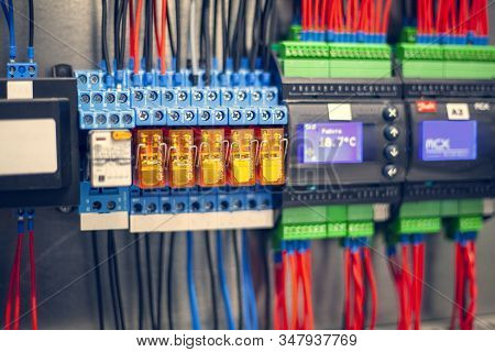 Cabling Connection Of  Power Electric Line In Industrial Distribution Fuseboard, Safety Shutdown Dev