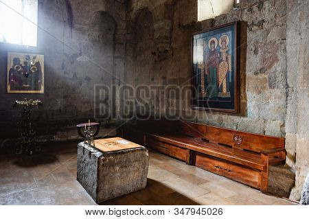 Mccheta, Tibilisi, Georgia - December 18 2019: Svetitskhoveli Cathedral Monastery Indoor. Orthodox C