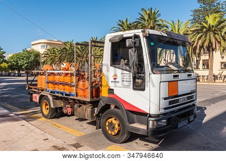 Menorca, Spain - October 14, 2019: Mallorca, Spain - May 8, 2019: Repsol Fuel Truck. Repsol Is A Spa