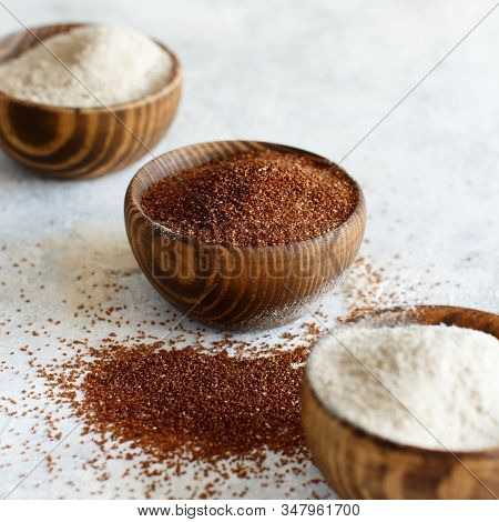 Teff Flour And Teff Grain In Bowls Close Up