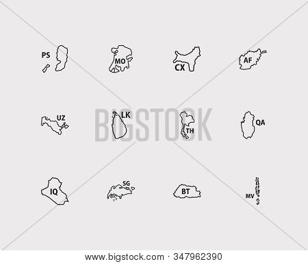 Asian Map Icons Set. Afghanistan And Asian Map Icons With Thailand, Macau, Bhutan. Set Of Vacation F