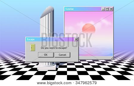 Abstract Vaporwave Aesthetics Computer Windows Background With 90s Style System Message Window, Palm