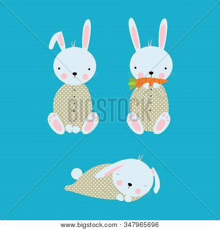 Set Of 3 Rabbits. The Hare Sleeps, Eats A Carrot, Looks. Vector Illustration