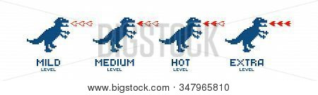 Pixel Dinosaur. Mild Medium Hot Extra Spicy Level Fire Dinosaur, Red Chili Pepper, Strength Scale In