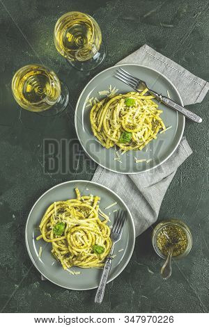 Spaghetti Pasta Bucatini With Pesto Sauce And Parmesan. Italian Traditional Perciatelli Pasta By Gen
