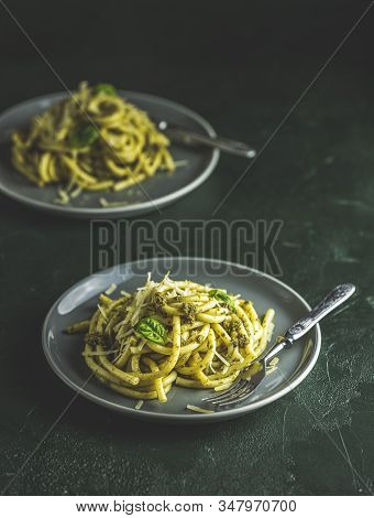 Spaghetti Pasta Bucatini With Pesto Sauce And Parmesan. Italian Traditional Perciatelli Pasta By Gen