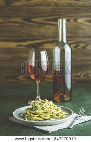 Spaghetti Pasta Bucatini With Pesto Sauce And Parmesan. Italian Traditional Perciatelli Pasta By Gen