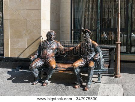 Tbilisi, Georgia, October 14, 2019 : Bronze Sculpture Of Two Men Sitting On A Bench On Ioane Shavtel
