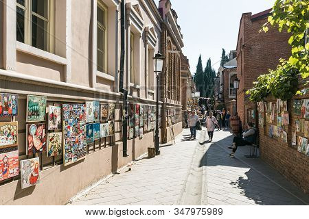 Tbilisi, Georgia, October 14, 2019 : Artists Hung Their Paintings For Sale On The Ioane Shavteli St 