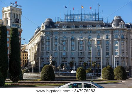 Madrid, Spain - January 22, 2018: Neptuno Fountain In City Of Madrid, Spain