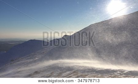 Blizzard In Mountains At Sunset, Winter View, Alpine Landscape, Ski Resort