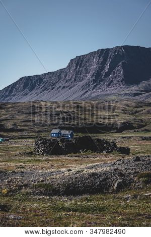 View Over Colourful Greenland Houses Of Disko Island, Arctic City Of Qeqertarsuaq. Located In The Di