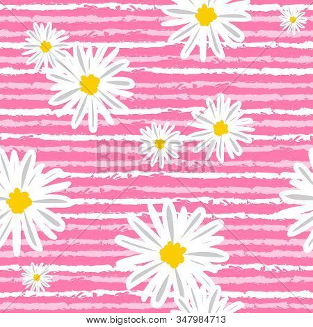 White Daisies And Line Seamless Vector Pattern Background. Daisy In Doodle Style. Tiny Flowers Seaml