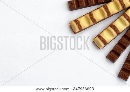 Kinder Small Chocolate Bars And Bueno White Made By Ferrero Spa. Kinder Is A Confectionery Product B