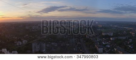 Aerial View Of Sunset In Zhytomyr City, Ukraine. Great Sunrise Scene. Fantastic Landscape.