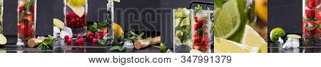 Collage Of Tasty Cocktails With Strawberries Near Limes, Blueberries, Blackberries, Cranberries And 