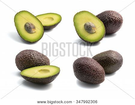 Set Of Different Photos Of Brown Avocado Grade Hass Isolated On White Background