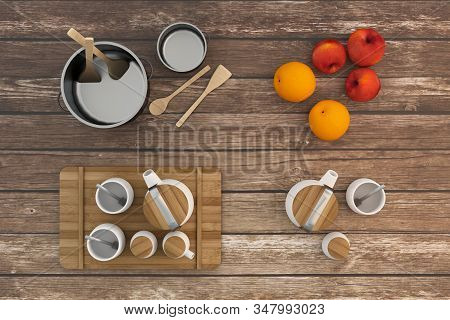 Kitchen Space In House. Empty Ktichen Room With Tea And Fruit Set . Classic Interior Design. -3d Ren