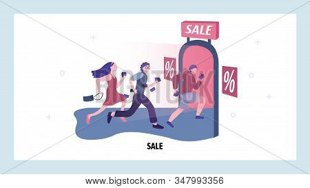 People Running For Sale With Big Discounts. Men And Women Run To The Store For Promo Sale. Vector We