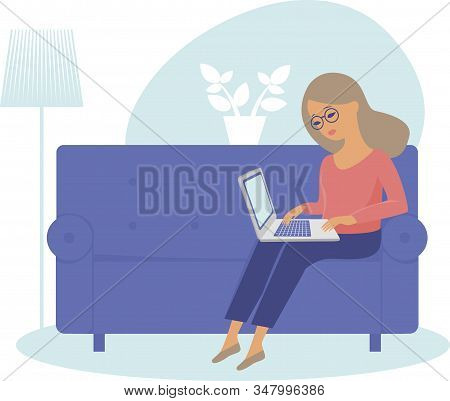 Young Woman Using Laptop At Home Working As Freelancer flat Vectoe Illustration