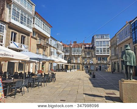 Padron, Spain - September 14, 2019: Small City Square Surrounded By Ancient But Beutiful Buildings A