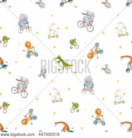 Beautiful Vector Seamless Pattern For Children With Watercolor Hand Drawn Cute Animals On Transport.