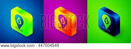 Isometric Oil Drop With Dollar Symbol Icon Isolated On Blue, Purple And Green Background. Oil Price.