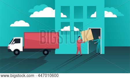 Door-to-door Fast Delivery Service Conceptual Illustration - Loaders And Living Building Fassade - V