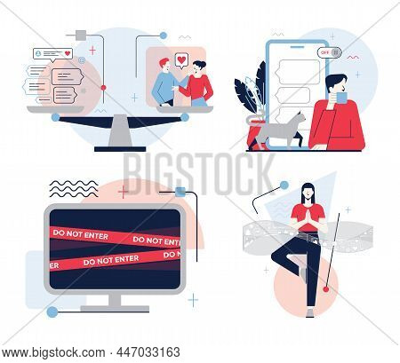 Information And Digital Detox Set. Characters Taking Rest From Digital