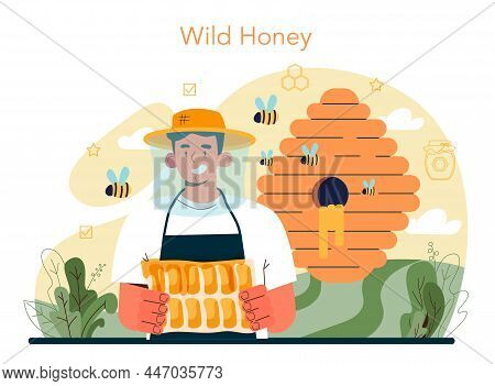 Hiver Or Beekeeper Concept. Professional Farmer Gathering Honey