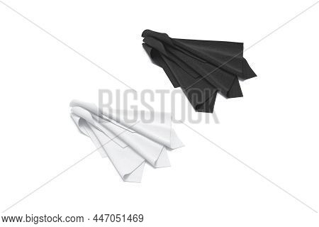 Blank Black And White Twisted Fabric Samples Mockup, Side View, 3d Rendering. Empty Linens Or Tissue