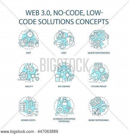 Web 3 0 Turquoise Concept Icons Set. Easy Software Development. No Code Idea Thin Line Color Illustr