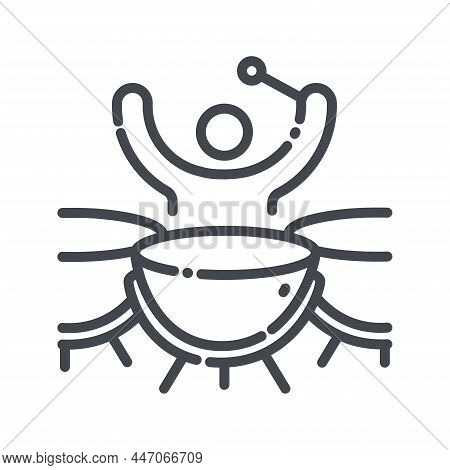 Drummer Plays Kettle Drum With Sticks Vector Line Icon. Musical Percussion Instrument Icon