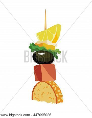 Canape Of Appetizer With Toppings. Snack For Party, Cold Food On Wooden Stick. Canape For Buffet, Ic