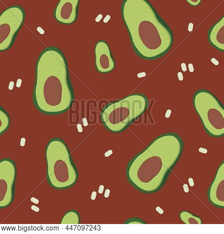 Seamless Pattern With Avocado. Red Background. Vector Illustration