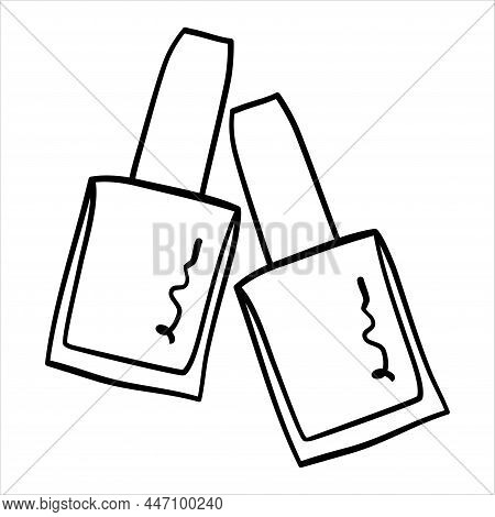 Nail Polish Bottles Silhouette For Manicure Industry. Minimalist Black Laquer Bottle In Hand Drawn O
