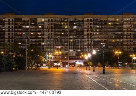 Beautiful View Of Illuminated Facade Of The Apartment Building Called Muraveynik (anthill) And The S