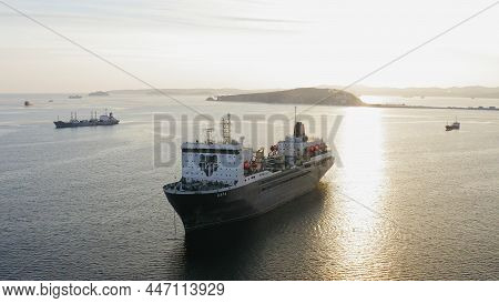 The Fish-processing Vessel Tsar Anchored In The Ussuri Bay. Crab Fish Canning Processing Base Intend