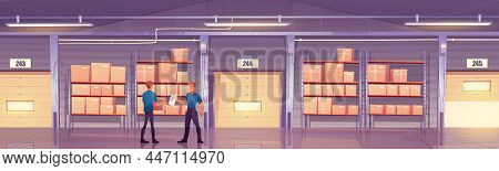 Warehouse With Workers, Cardboard Boxes On Shelves And Closed Gates With Rolling Shutter. Vector Car